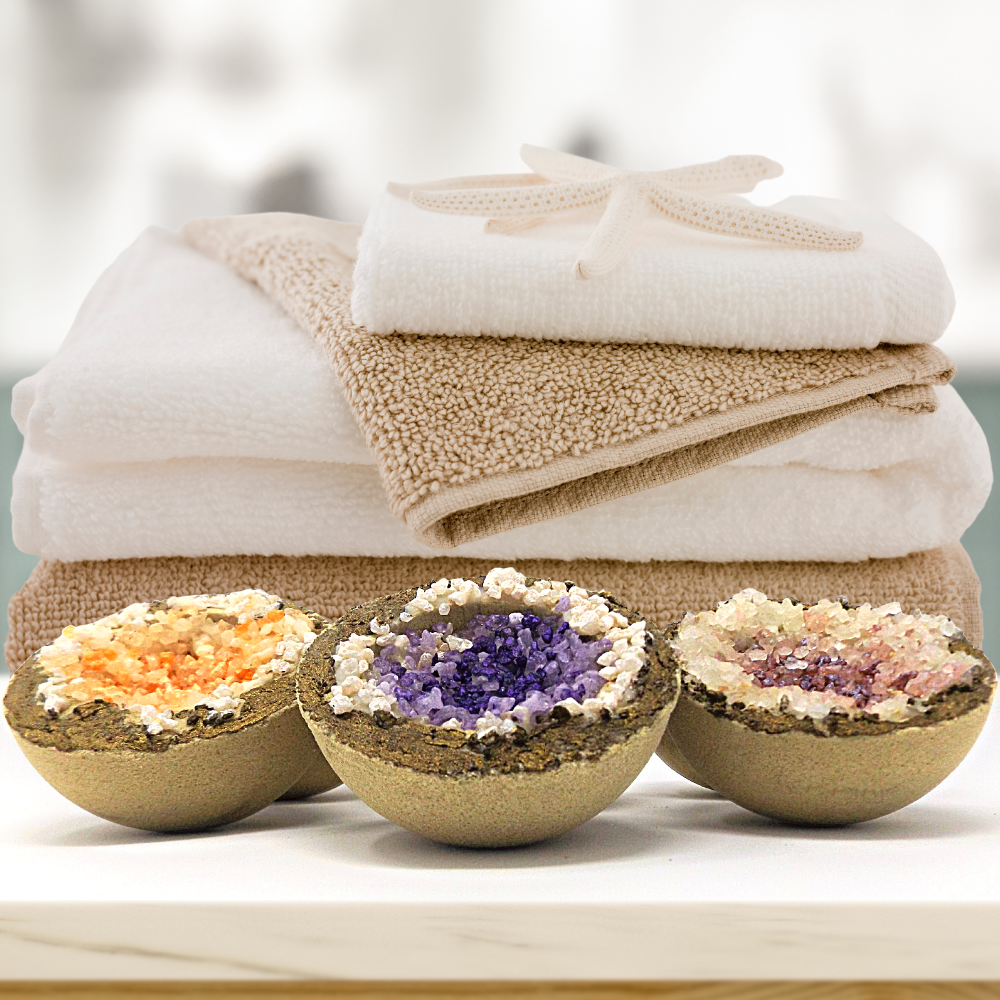 Bath Bombs, Fizzing, Bubbling Geodes with Melting Bath Truffle Cores